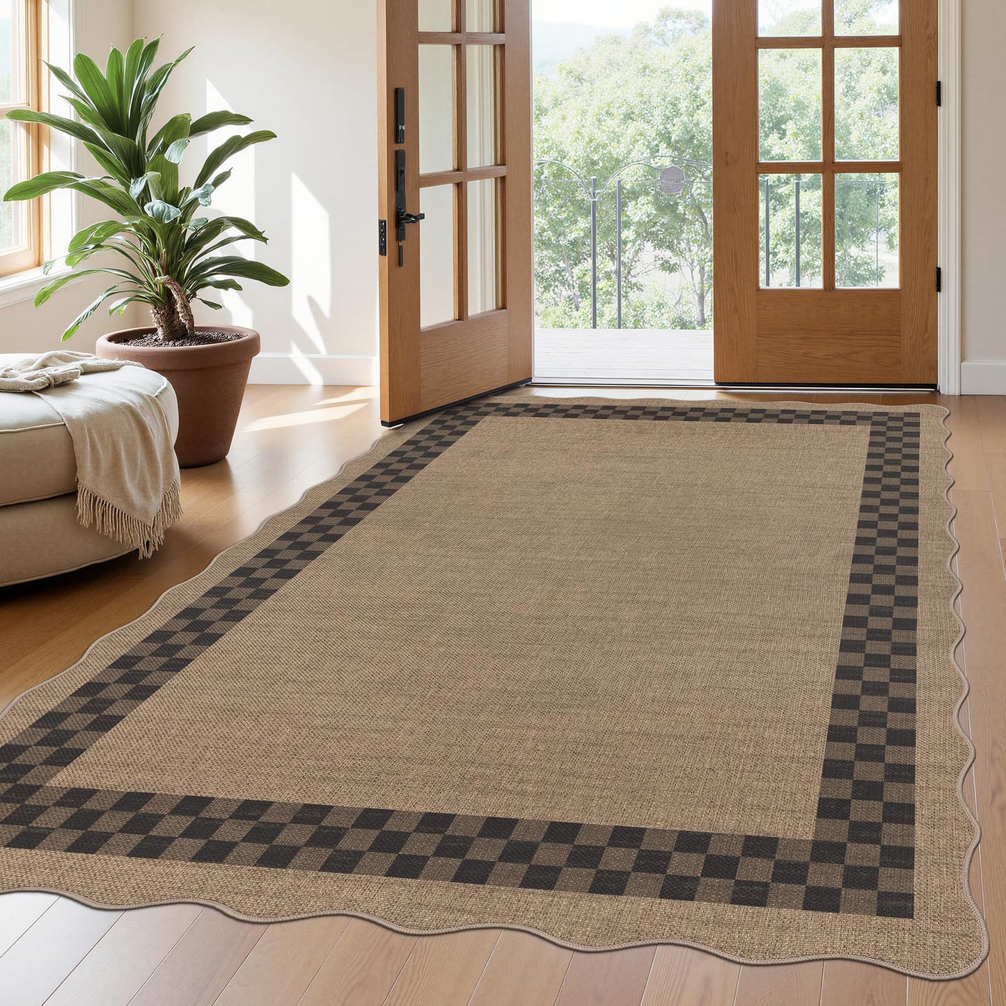 U'Artlines Easy Jute Checkered Area Rug 5x7, Washable Non Slip Indoor Outdoor Rug, Low Pile Non Shedding Farmhouse Carpet for Entryway Patio Backyard Kitchen Living Room Bedroom (Checked)