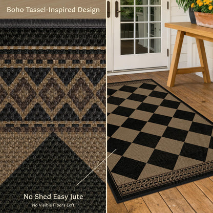 Black & Brown Checkered Easy Jute Outdoor Rug 4x6 for Porch Patio, Washable Non-Slip Diamond Checkerboard Entryway Office and Backyard Boho Border Rug, Farmhouse Low Pile Indoor Carpet for Living Room