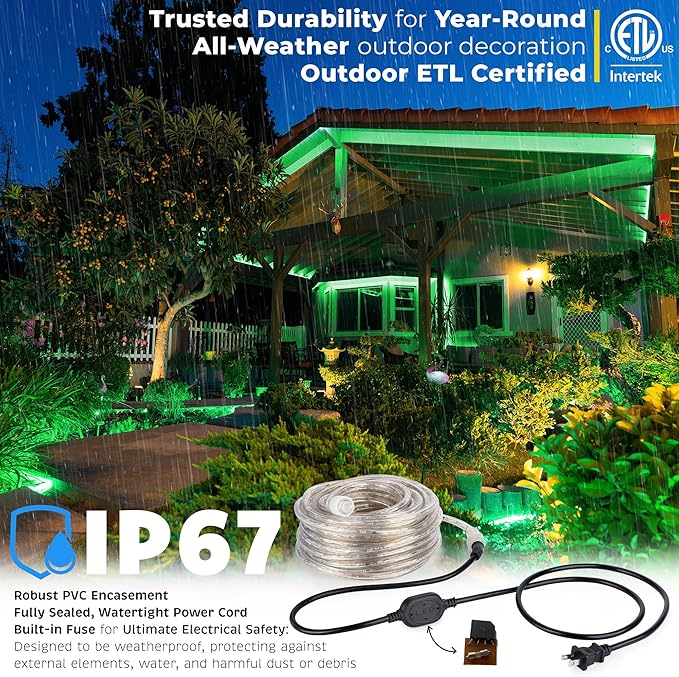 WYZworks 3312LEDs 300ft LED Outside Rope Lights, Outdoor ETL Certified Waterproof Permanent 360 Degree Flexible Bend & Light Emitting, Connectable, Christmas Palm Tree Exterior Landscape, Green