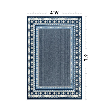 Rugshop Indoor/Outdoor High-Low Textured Area Rug, Coastal Border, Easy-Clean Patio Rug for Porch Deck Balcony 4' x 6' Navy