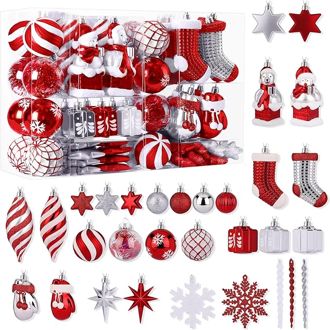 Alupssuc 112pcs Christmas Balls Ornaments Set, Shatterproof Plastic Baubles Christmas Penguin, Polar Bear for Xmas Tree Holiday Wedding Party Decorations with Hanging Strings, Red, Silver and White