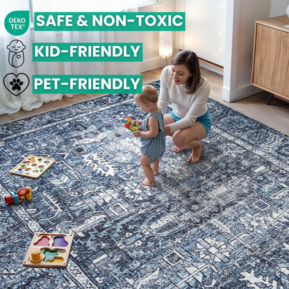 Bloom Rugs Washable Non-Slip 5' x 7' Rug - Blue Traditional Area Rug for Living Room, Bedroom, Dining Room, and Kitchen - Exact Size: 5' x 7'