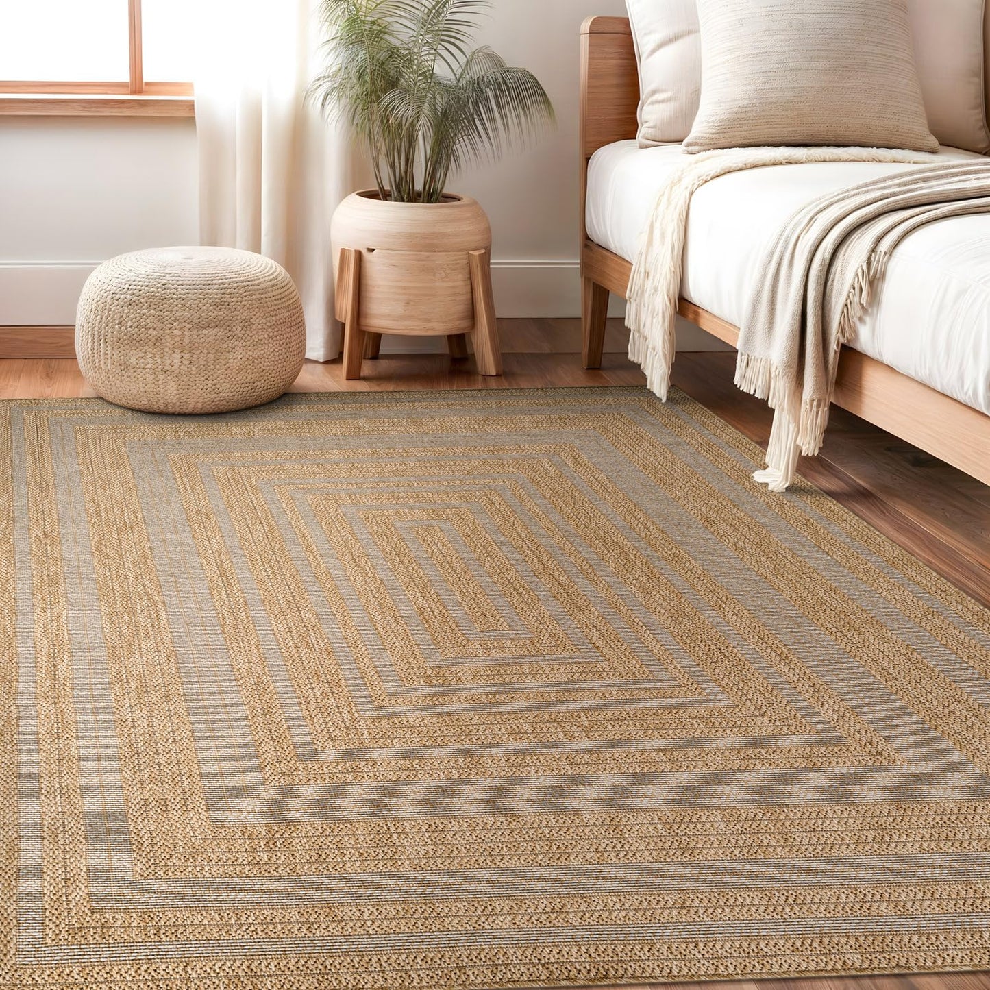 Beverly Rug Easy Jute Framed Border Rug 9x12 Washable Large Indoor Outdoor Area Rugs for Living Dining Room Patio Office Stain Resistant Non Shedding Casual Indoor Outside Carpet 9 x 12 Natural