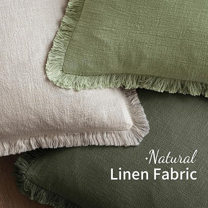 MIULEE Decorative Throw Pillow Covers Neutral Linen Fringe Throw Pillows Set of 2 Rifle Green Boho Farmhouse Cushion Covers with Tassels for Couch Sofa Bed Living Room Spring Home Decor 18x18 Inch