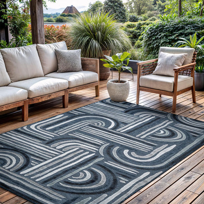 CAMILSON Indoor Outdoor Rug, Navy Blue 8x10 Geometric Arch Striped Area Rugs for Patio and Home Areas, Easy-Cleaning Non-Shedding Living Room, Garden and Deck Washable Outside Carpet (8 x 10)