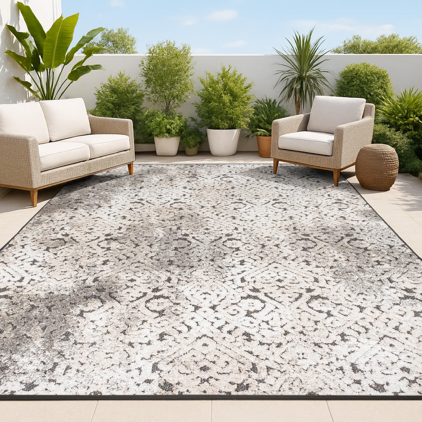 JONATHAN Y Shabby Damask Indoor Outdoor Area Rug 4X6 Cream/Beige/Dark Gray, Duenas High-Low for Backyard, Patio, Porch, Easy-Cleaning, High Traffic, Pet-Friendly, Non-Shedding (SBH110A-4)