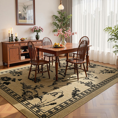 FALARK Easy Jute 4x6 Outdoor Patio Rug, Washable Rugs for Entryway Indoor Living Room Carpet, Farmhouse Neutral Non Slip Thin Beige Botanical Sketch Door Carpet for Backyard Bedroom Kitchen