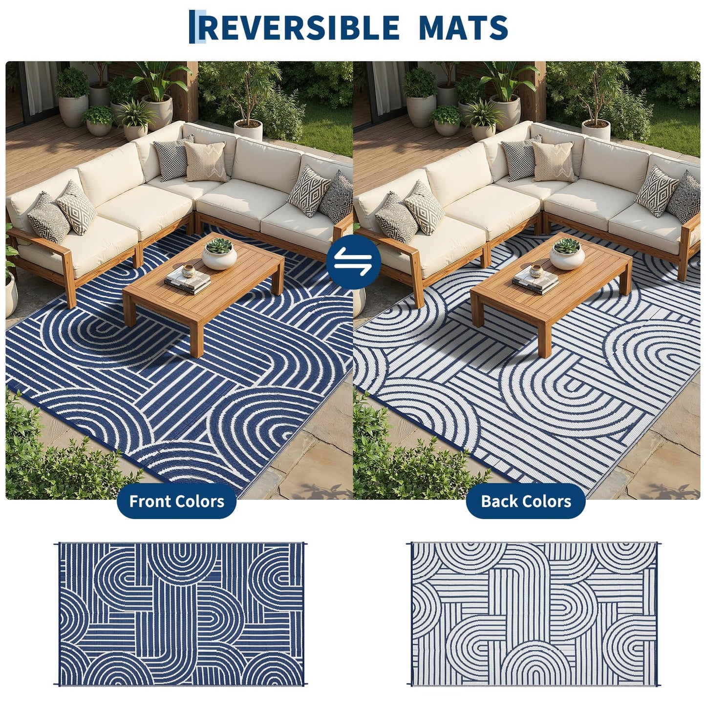 Garvee Reversible Rainbow Outdoor Rug 6x9, Waterproof Outdoor Plastic Straw Rug, RV Mat for Picnics, Patio, Camping, Balcony, Deck, Backyard, Porch, Blue