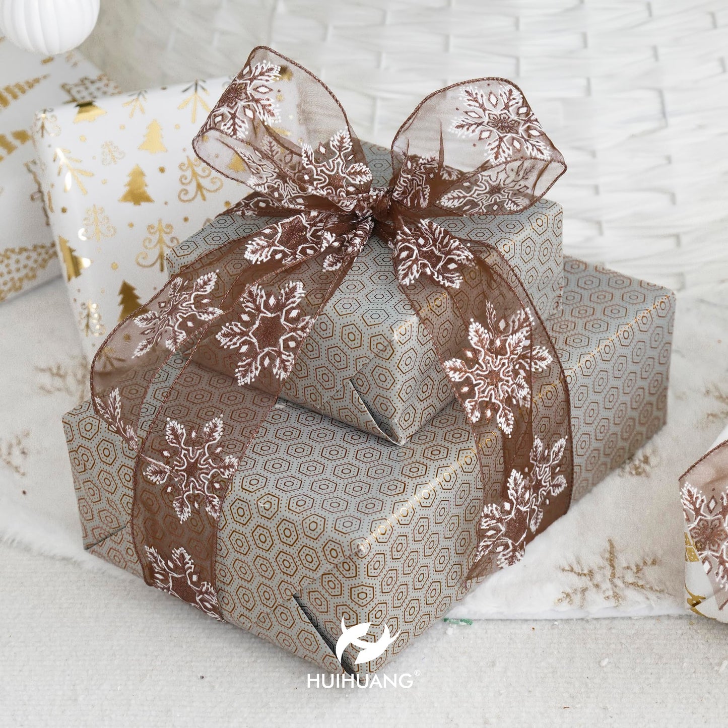 HUIHUANG Snowflake Sheer Wired Ribbon Brown Glitter Snowflakes Ribbon for Christmas Tree Decorations, Bows Making, Wreath, Gift Wrapping, Garlands, Fall Decor- Continuous 25 Yards