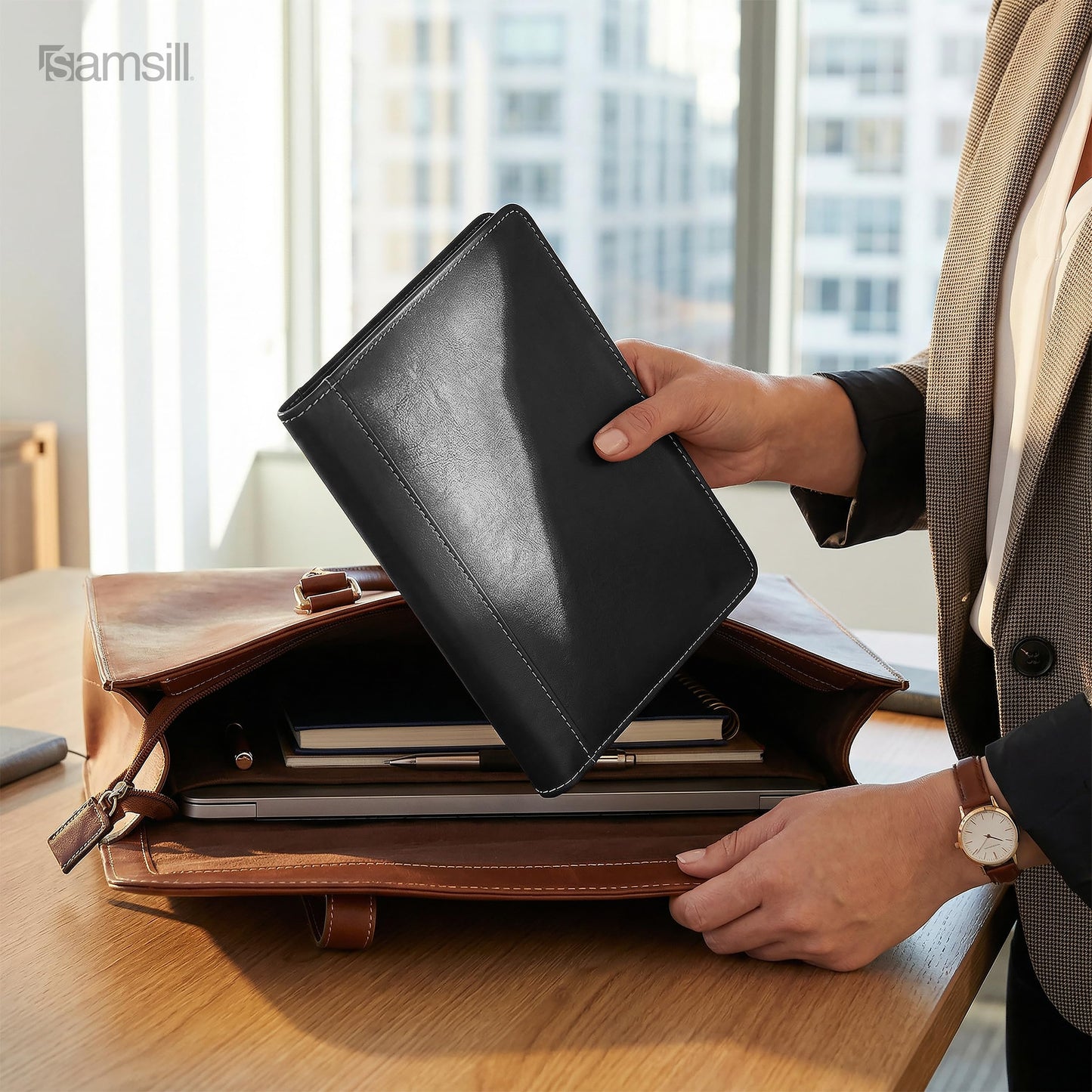 Samsill Contrast Stitch Faux-Leather Portfolio, Mini Size Business Interview Professional Padfolio, Includes 5 x 8 Inch Writing Pad, Black