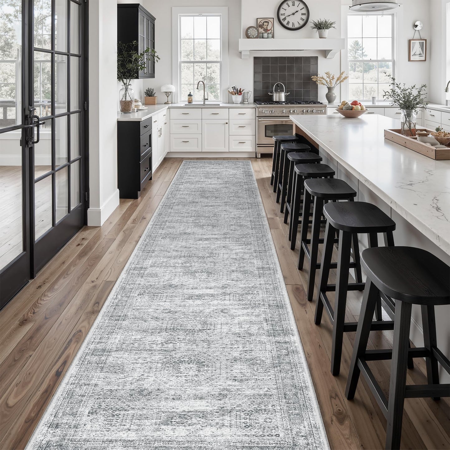 Soalmost Runner Rug 2'6" x 14' Washable Non-Slip Runner Rugs for Kitchen Bathroom Laundry Room Vintage Ultra Thin Runners for Hallway Entryway Grey