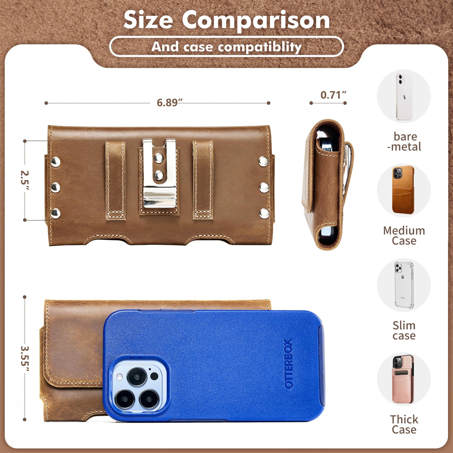 Gcepls Cowhide Leather Phone Holster with Belt Clip for Samsung Galaxy S25,S24,S23,S22,S21 Ultra,Universal X-Large Cell Phone Belt Holder for Man, Brown-XL