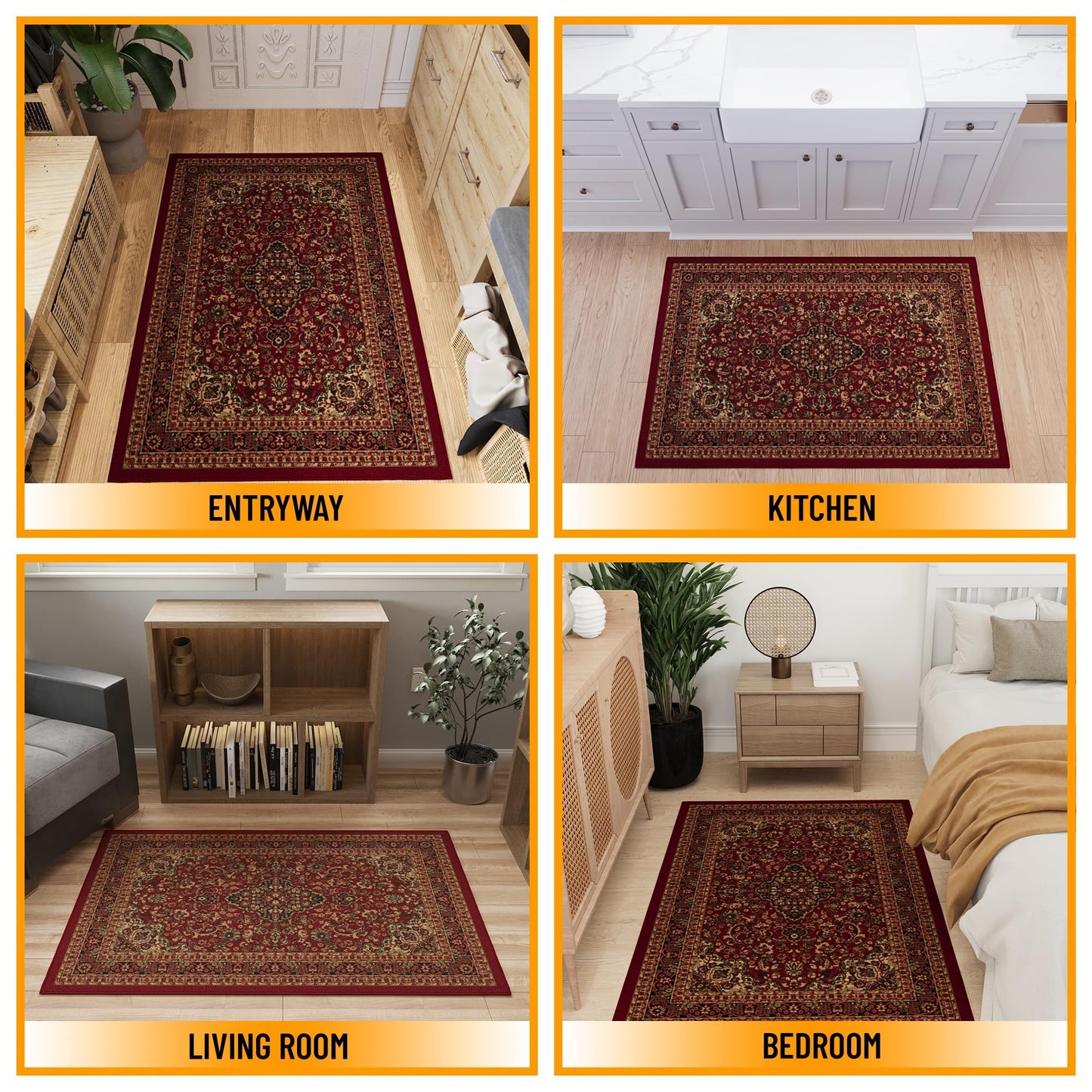 Ottomanson 3'3" x 4'7" Rugs for Living Room Oriental Area Rug for Bedroom - Non Slip Durable Large Floor Carpet for High Traffic Areas - Indoor Rug for Dining Room Kitchen Kids Playroom, Red