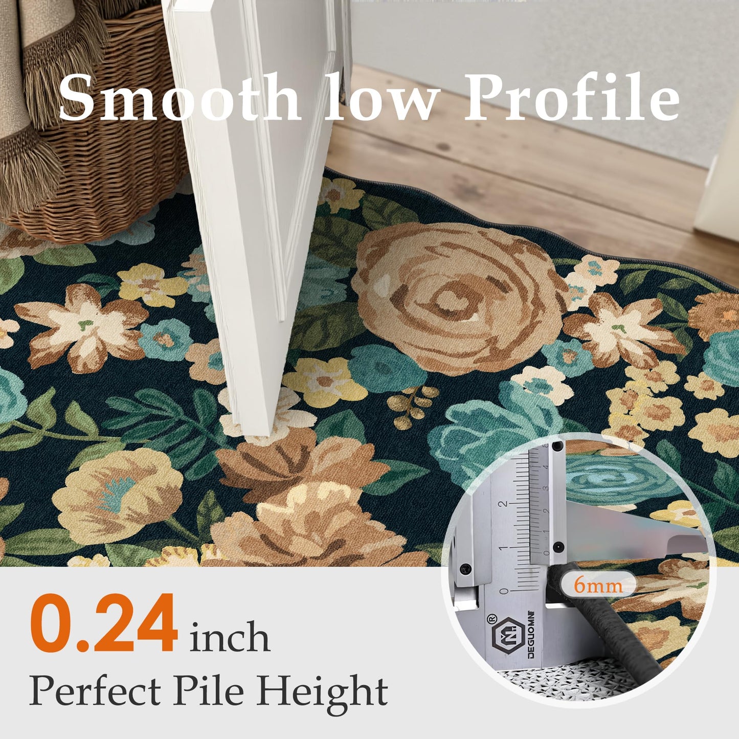 PureCozy Washable Floral Area Rug 6x9 Black Living Room Large Carpet Bedroom Scalloped Flower Non Slip Soft Throw Rug Farmhouse Low Pile Thin Indoor Floor Cover for Dining Room Office
