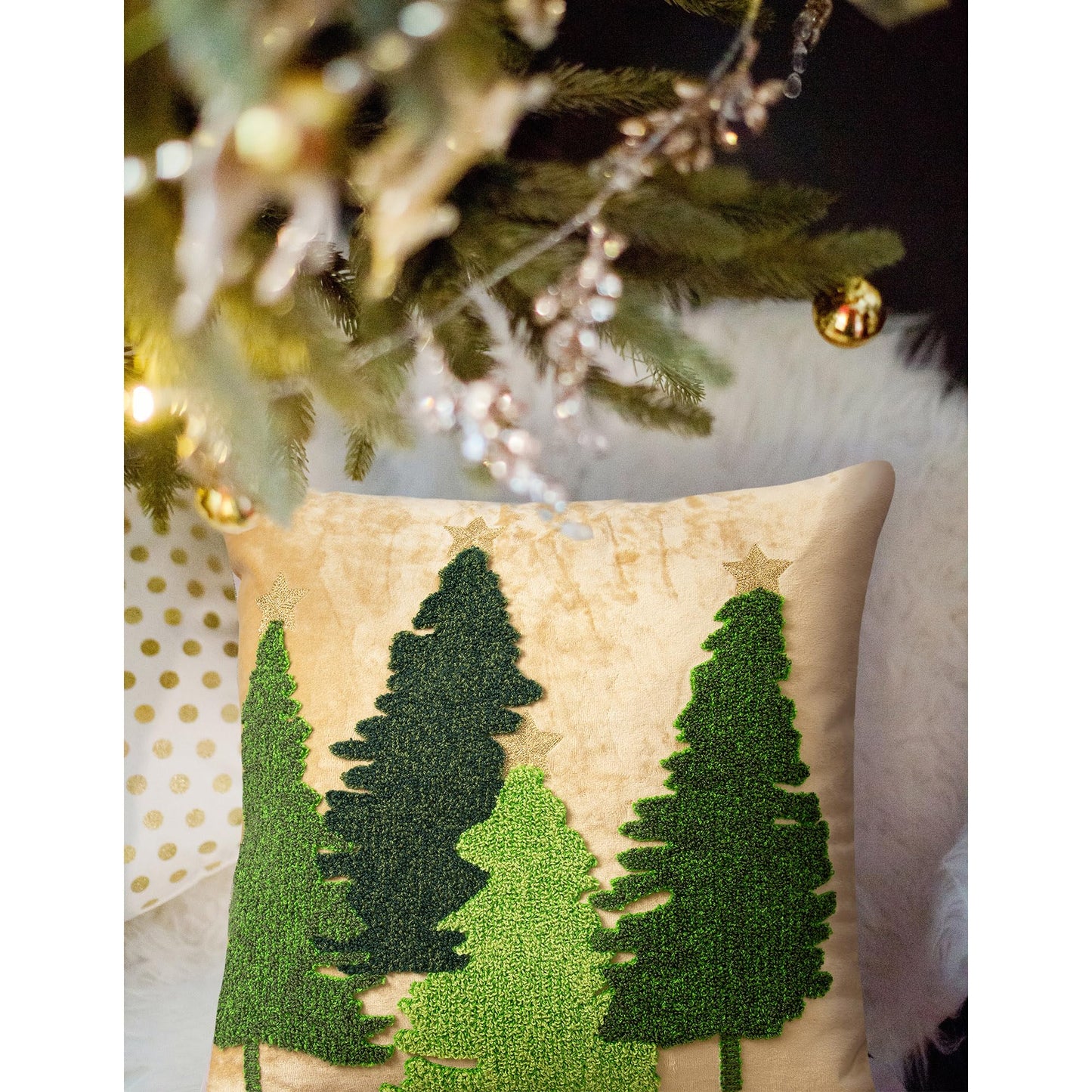 LOOPUINHOM Christmas Tree Pillow Covers 18x18, Embroidered Throw Pillow Covers Decorations Holiday Pillows for Home Couch Sofa Bed Living Room,Gold Crushed Velvet Cushion