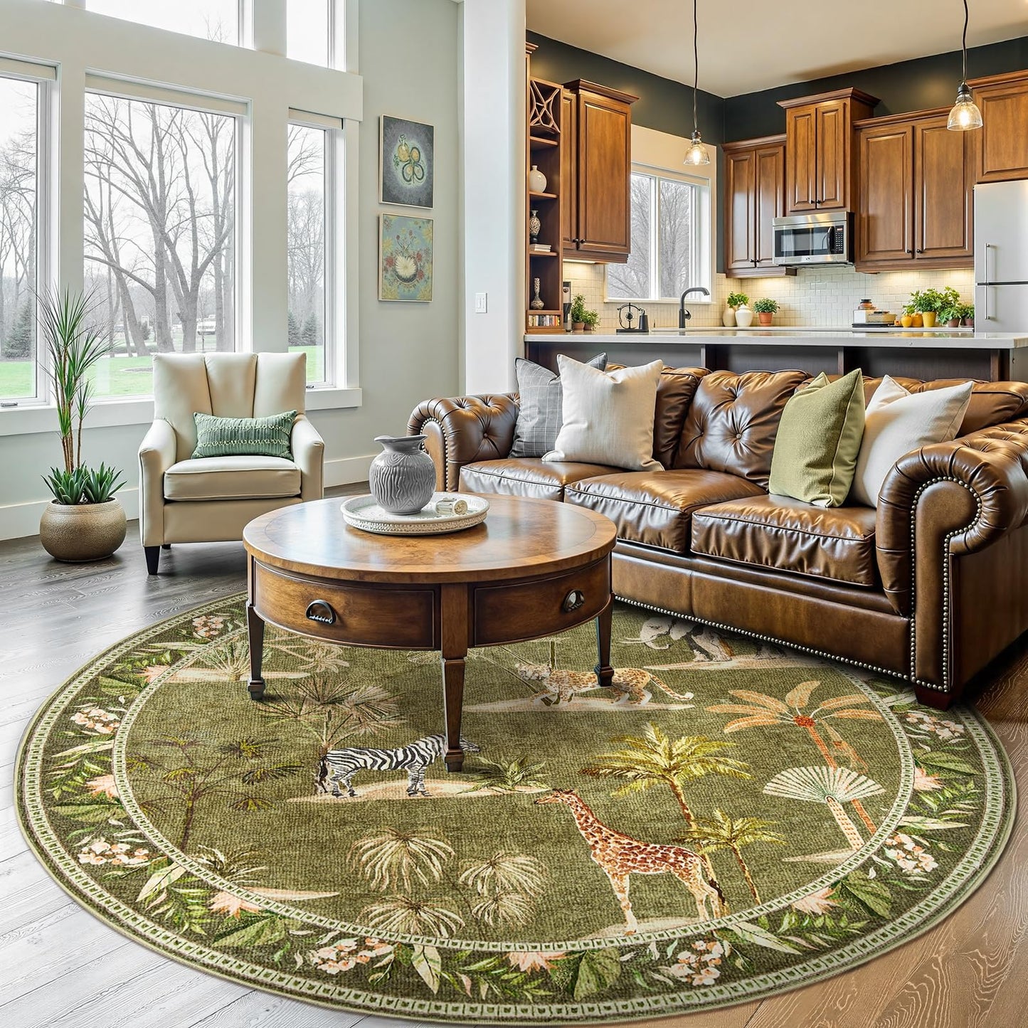 jinchan Round Rug 7ft Green Jungle Animals Print Living Room, Machine Washable 7' Circle Modern Soft Non-Slip Forest Plant Kids Room Throw Area Rug, Low Pile Carpet for Dining Room Bedroom