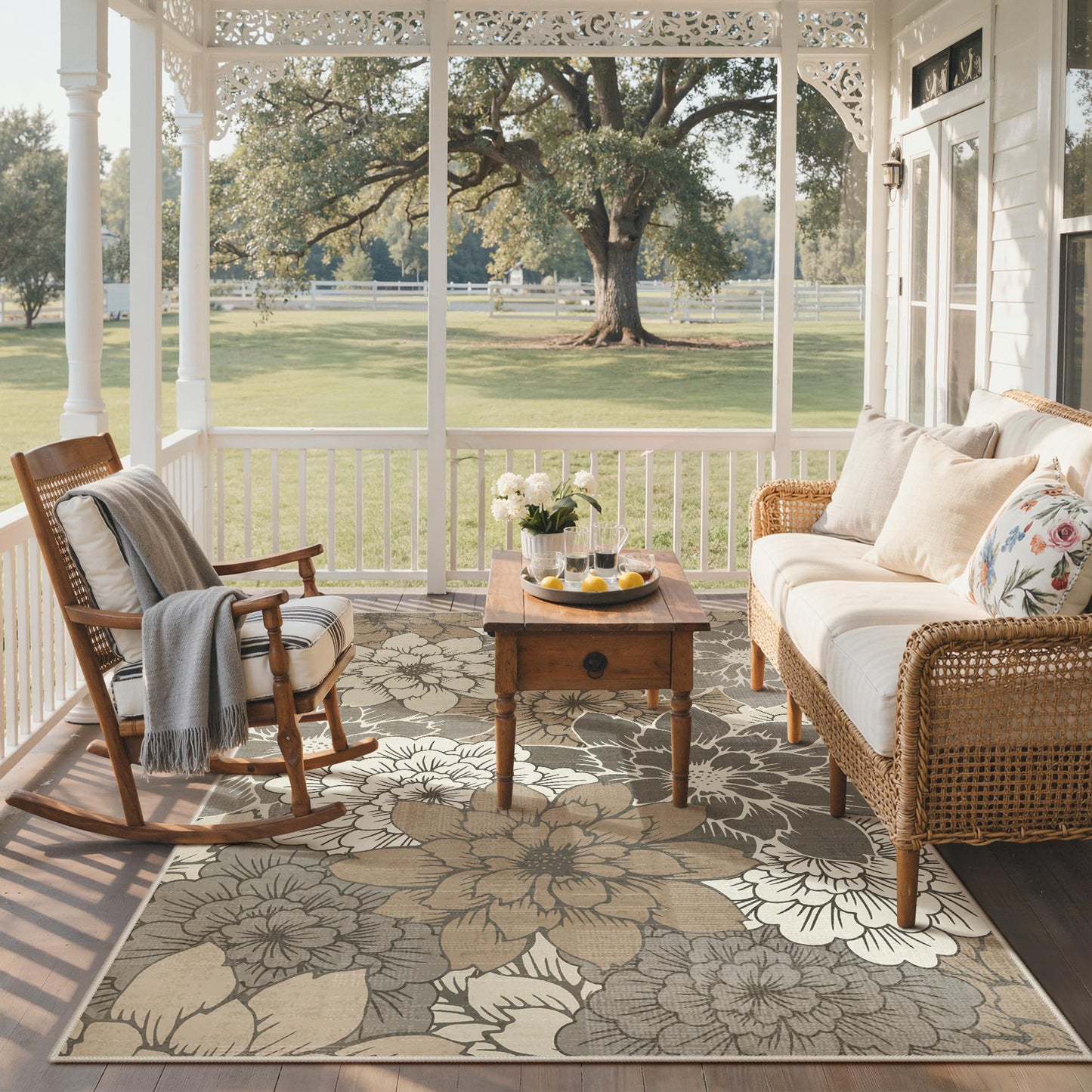 GENIMO Indoor Outdoor Area Rug 5'x8', Machine Washable Rugs for Patio, Waterproof, Non-Slip Easy Cleaning Floral Outdoor Mat Carpet for Living Room, Bedroom, RV, Balcony, Deck, Camping, Coffee Beige
