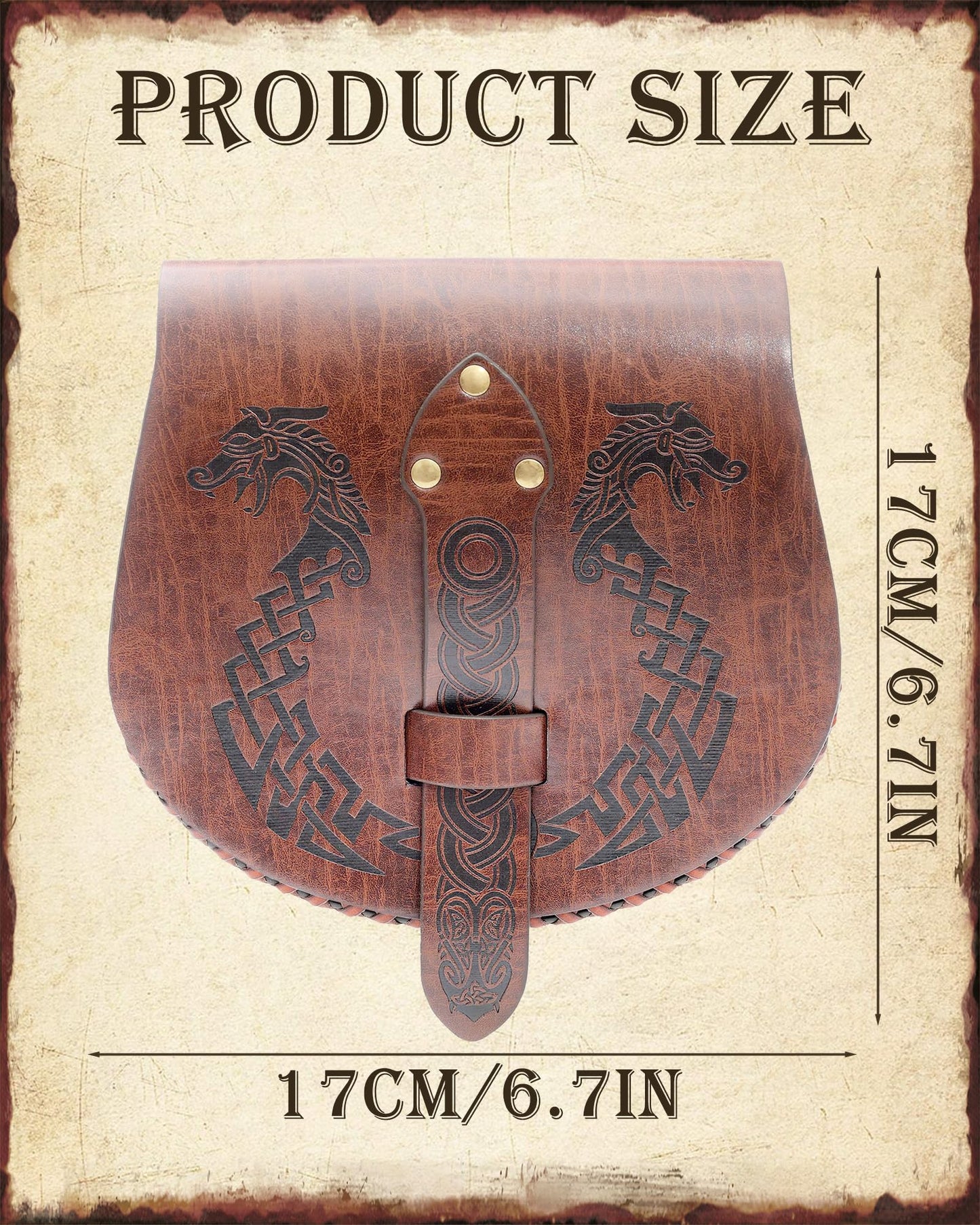 CoTeeZa Medieval Faux Leather Belt Pouch - Adjustable Brown Viking Dragon Ship Embossed Waist Bag for LARP Renaissance Halloween Cosplay Festival Costume Accessories for Men Women