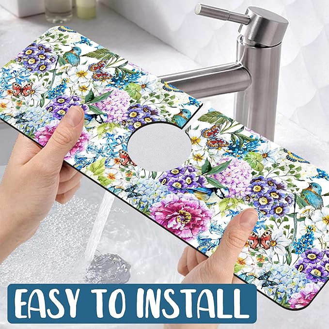 Beautiful Floral Kitchen Sink Splash Guard Faucet Mat Flower Bird Butterfly