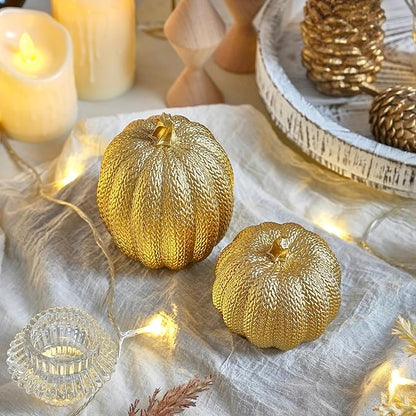 Pumpkin Fall Decor Indoor - Gold Pumpkin for Decorating, 2Pcs Resin Pumpkins Decor with Woven Effect, Thanksgiving Table Centerpiece, Fireplace, Autumn Harvest Party Decorations