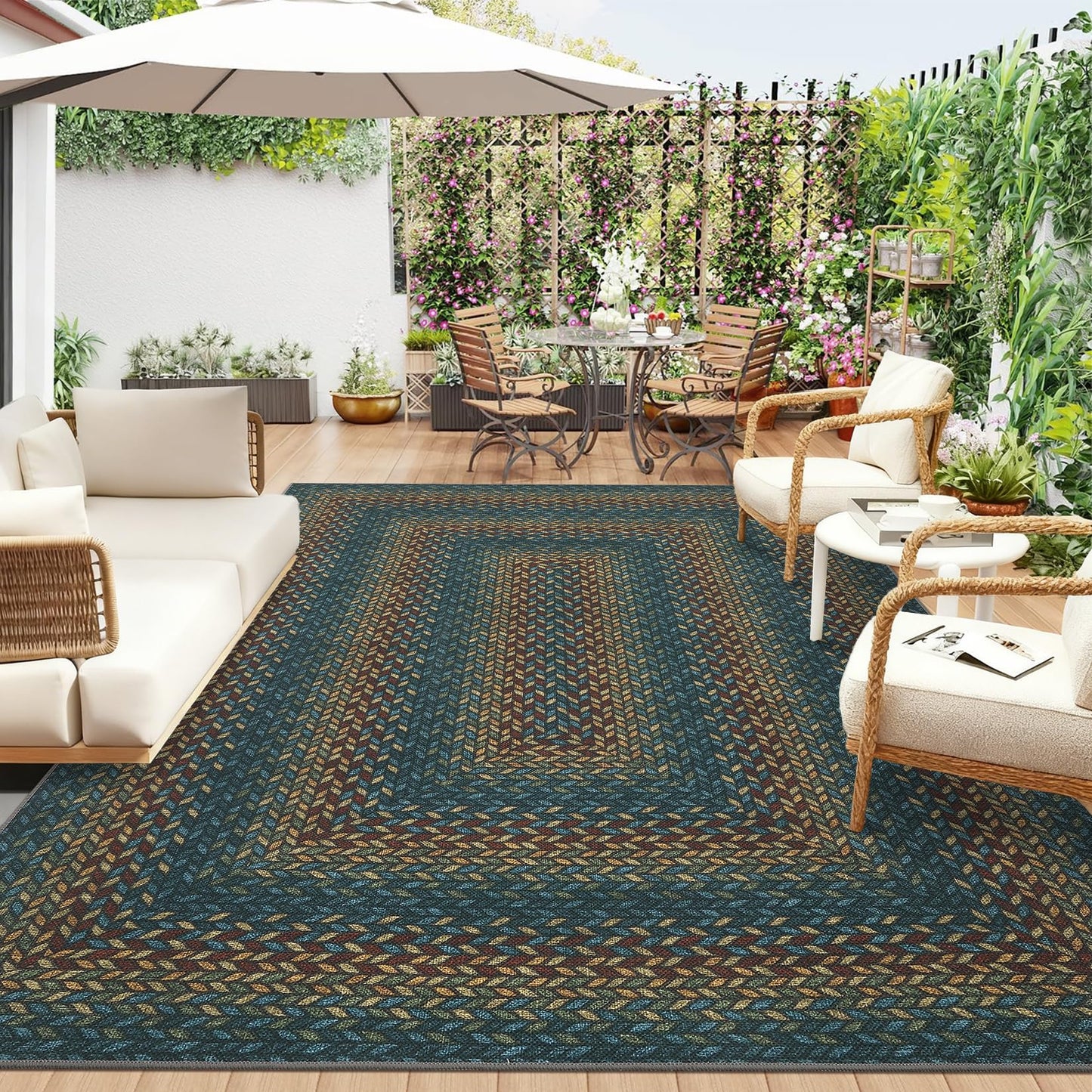 Braided 5x7 Rugs for Living Room Washable Easy Jute Outdoor Patio Rug Non Slip Stain Resistant Modern Bordered Bedroom Throw Carpet Indoor Outdoor Low Pile Area Rugs for Porch Kitchen, Navy/Rust