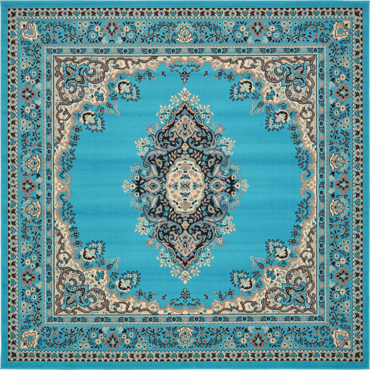 Unique Loom Reza Collection Traditional Persian Style Area Rug, 8' 0" x 8' 0", Turquoise/Ivory