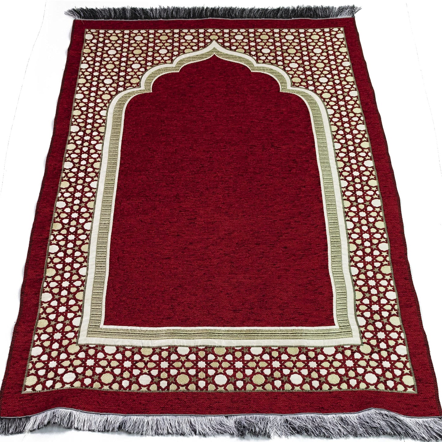 Modefa Turkish Islamic Prayer Mat - Thin Woven Chenille Sajjadah - Intricate Praying Rug Ramadan Eid Gift - Traditional Muslim Janamaz Sajada for Men Women - Geometric Selcuk Star (Red)
