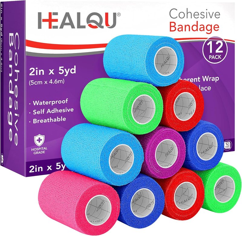 Self Adhesive Bandage Wrap - 12 Rolls 2" x 5yd Cohesive Medical Tape | Flexible Elastic Bandages for Sports & Pets