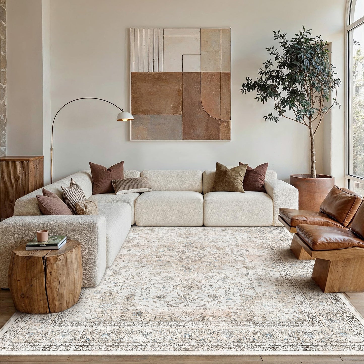 WondRg 8x10 Washable Vintage Area Rug for Living Room Bedroom Beige Grey Soft Tranditional Non Slip Large Throw Rug Lightweight Floral Low Pile Distressed Carpet Office Playroom Dining Room