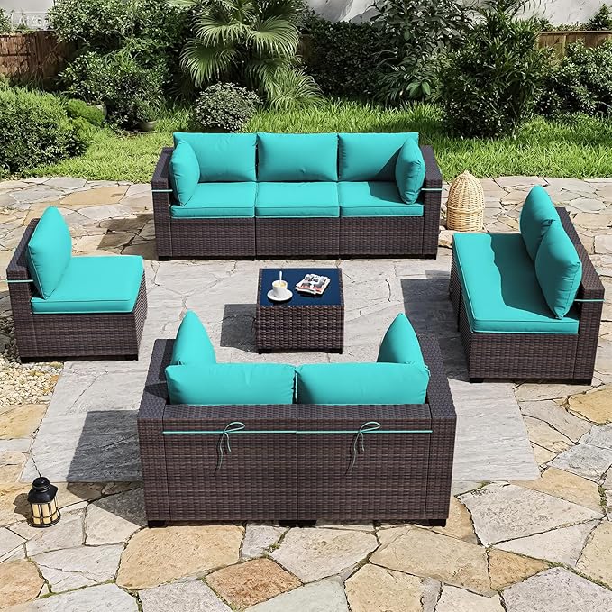 ALAULM 9 Pieces Outdoor Patio Furniture Set Sectional Sofa Sets Brown PE Rattan Patio Conversation Set w/8 Blue Seat Cushions and 1 Coffee Table