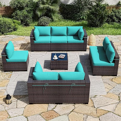 ALAULM 9 Pieces Outdoor Patio Furniture Set Sectional Sofa Sets Brown PE Rattan Patio Conversation Set w/8 Blue Seat Cushions and 1 Coffee Table