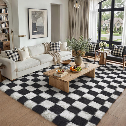 PureCozy Checkered Rug 5x8 for Living Room, Black and White Modern Shag Rugs Super Soft Washable Indoor Office Fuzzy Carpet Non-Slip Fluffy Rugs for Bedroom Home Aesthetic Decor