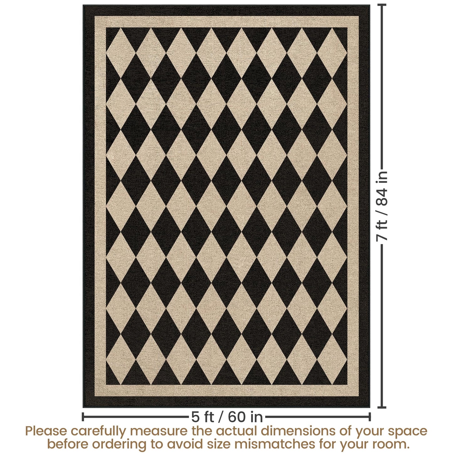 JROSING Washable Checkered Easy Jute Rug 5x7, Black Checkerboard Geometric Modern Outdoor Indoor Patio Large Rugs, Woven Thin Carpet Mat for Living Dining Room Bedroom Classroom Kids Nursery Play Room