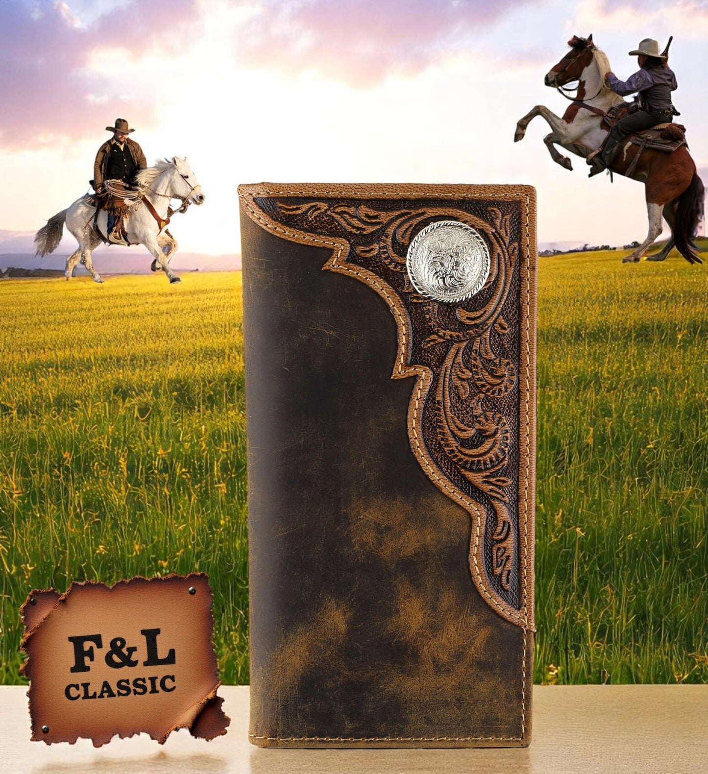 F&L CLASSIC Men's RFID Vintage Look Genuine Leather Long Bifold Wallet Checkbook Wallets,brown,240-82