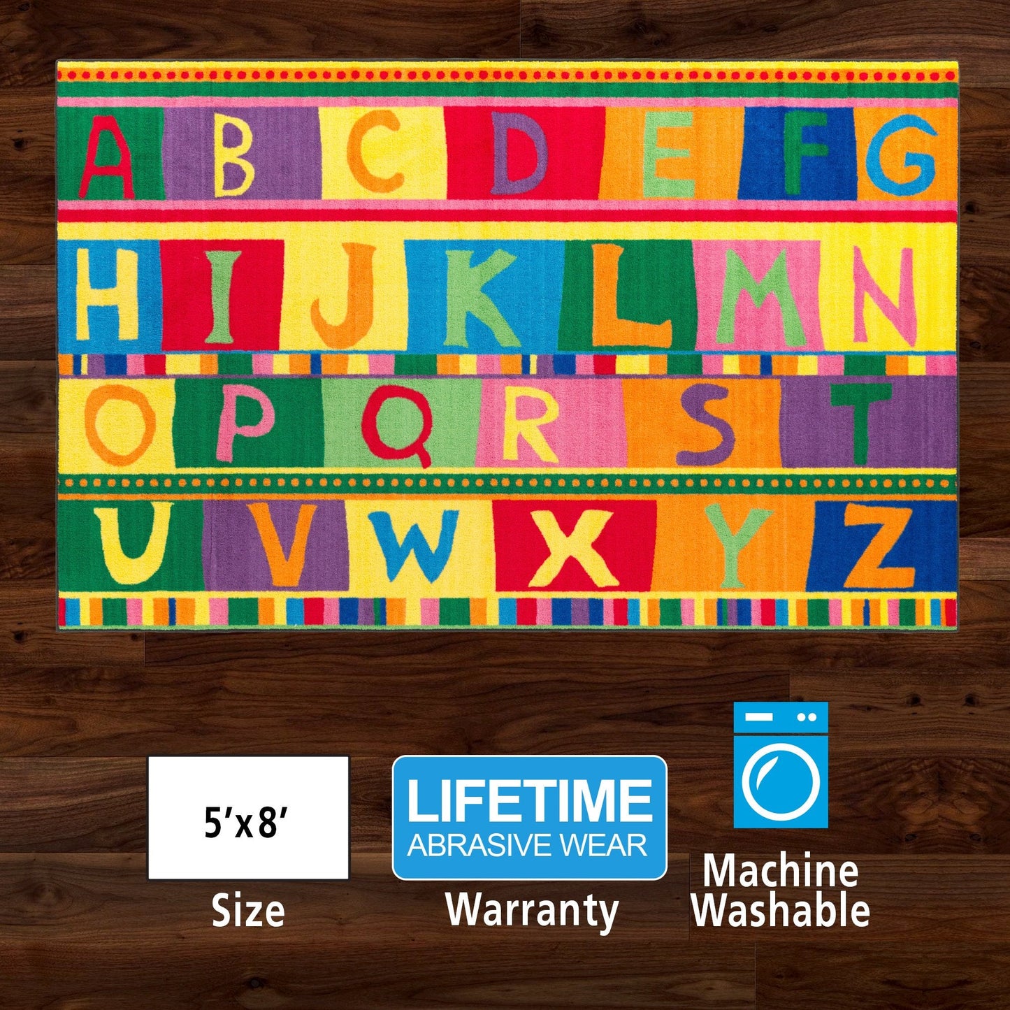 Flagship Carpets ABC Tapestry Machine Washable Educational Rug for Childrens Classroom, Home Learning and Playroom Rug or Children's Bedroom Carpet, 5' x 8', Multicolor