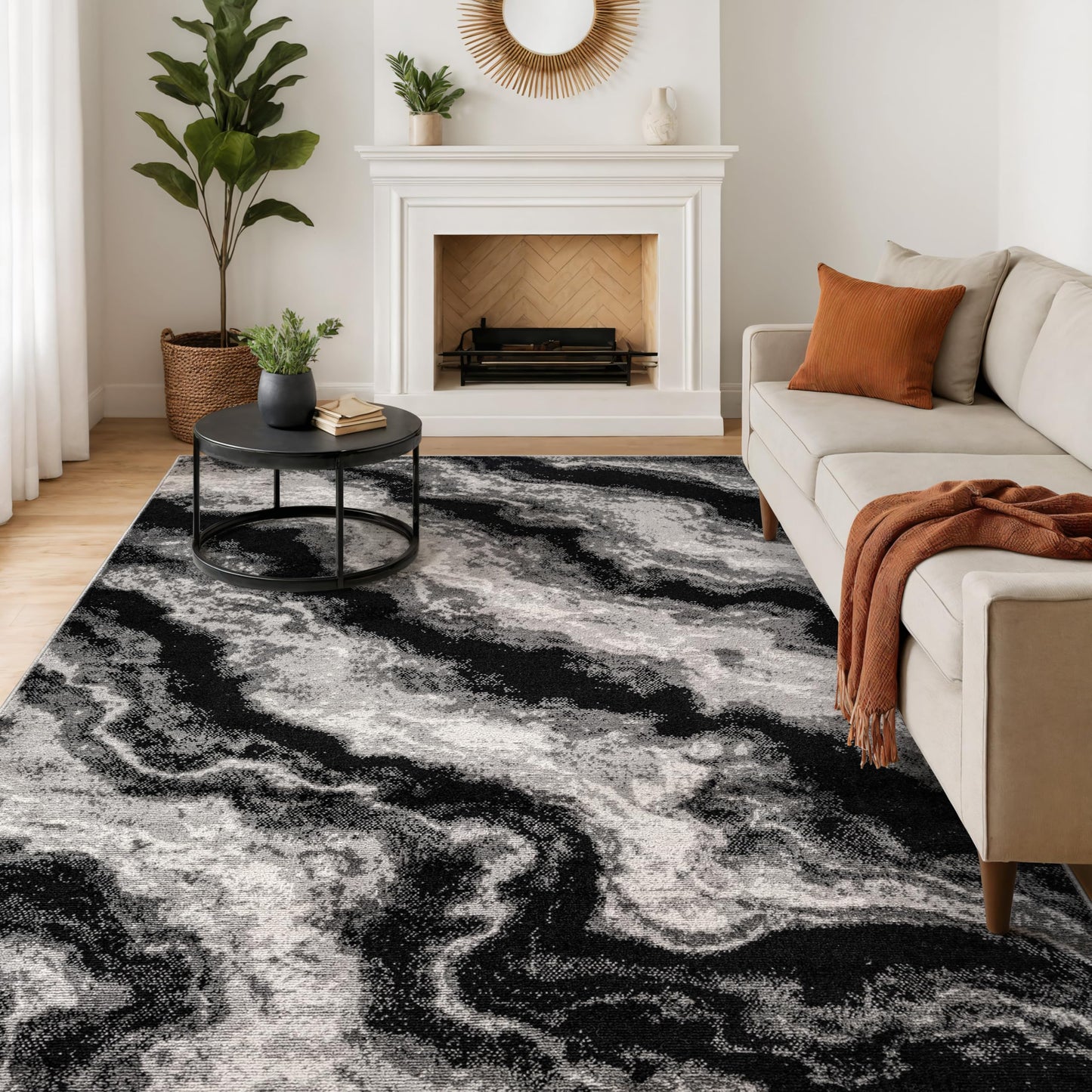 Rugshop Black Gray Marble Swirl Area Rug Non-Shedding Contemporary Indoor Carpet for Living Room Bedroom Kitchen 5' x 7'