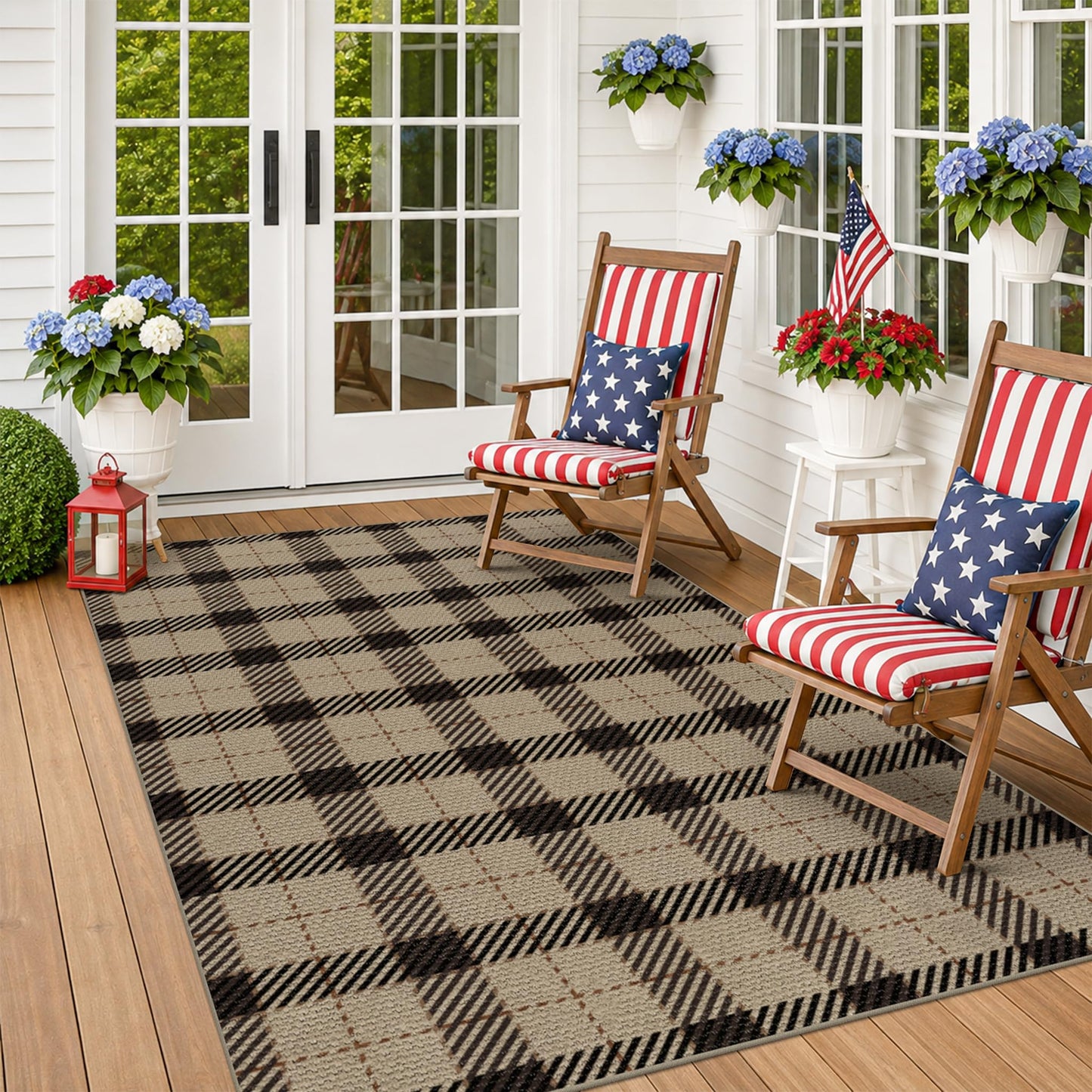 Easy Jute Farmhouse Area Rug 5x7, Washable Indoor Outdoor Plaid Rug, Black and Tan Rustic Woven Non Slip Carpet for Living Room, Entryway, Patio, Bedroom, Under Bed