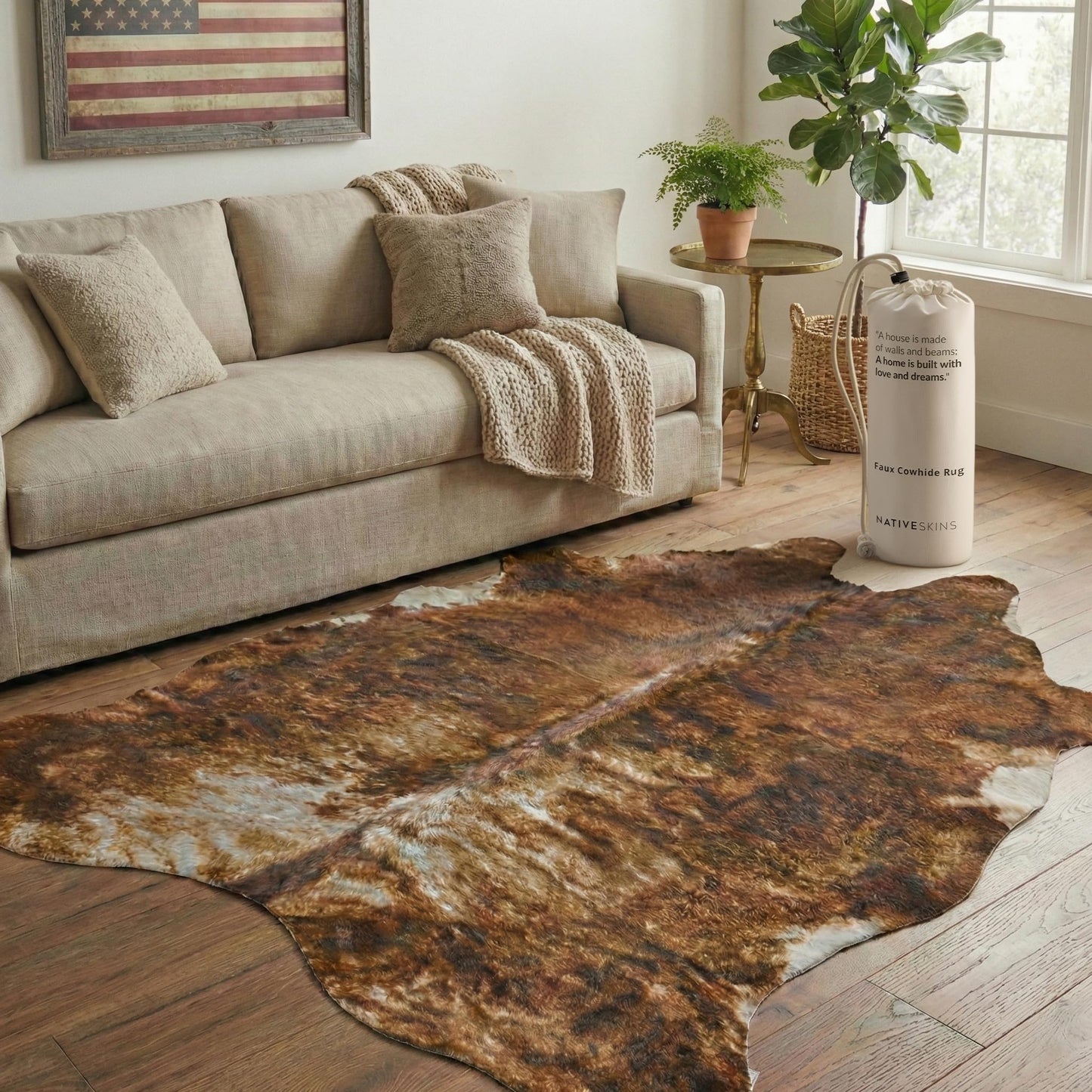 NativeSkins Faux Cowhide Rug – Brindle (Large) | 4.6ft x 6.6ft | Triple-Layer Support | Ultra-Soft Pile | Hand-Cut, Faux Suede No-Slip Backing | Western Rug | Cow Hide Animal Print