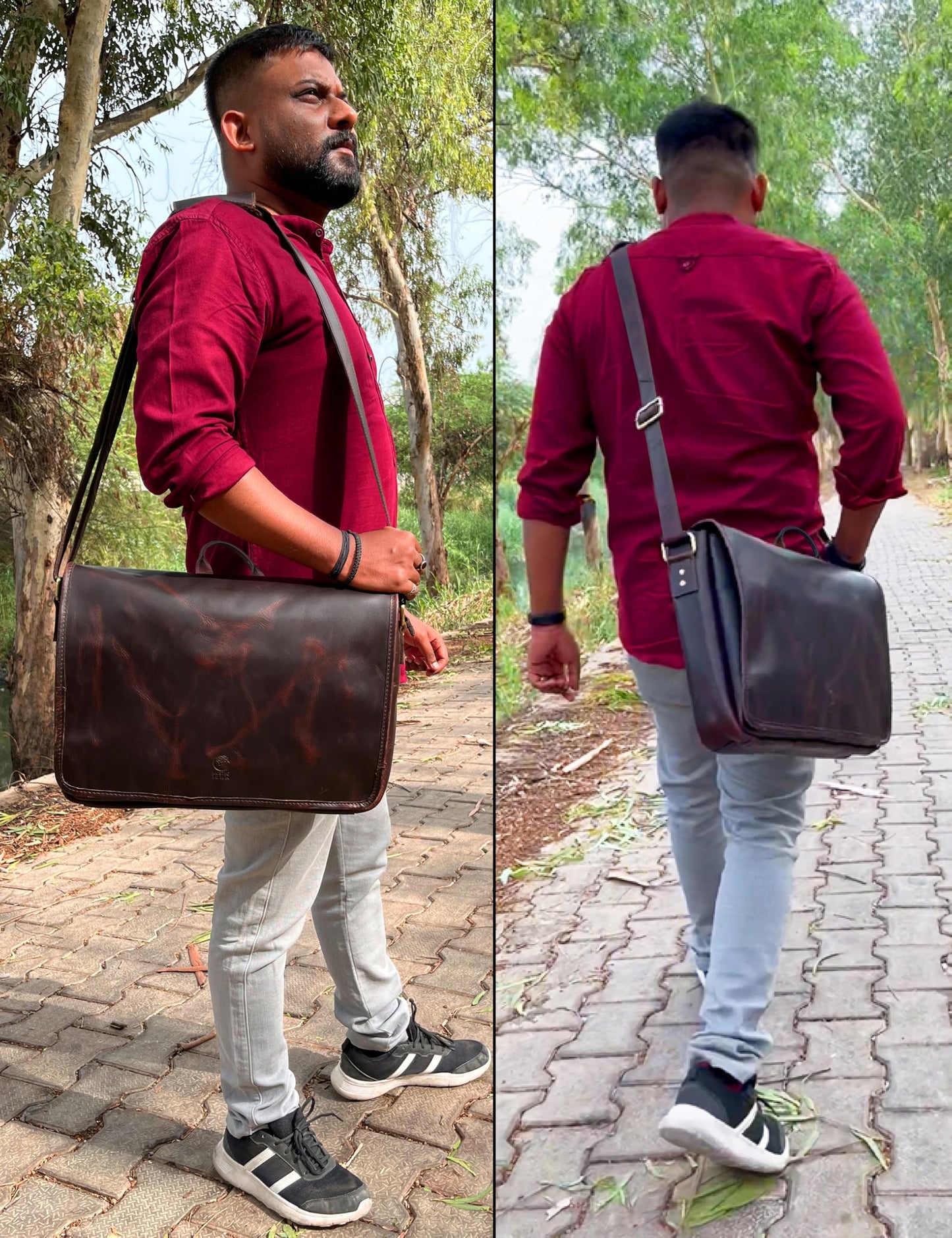 Leather Messenger Bag for Men 14 inch Leather Laptop Bag Vintage Crossbody Office Satchel Travel Shoulder Bag, Dark Brown