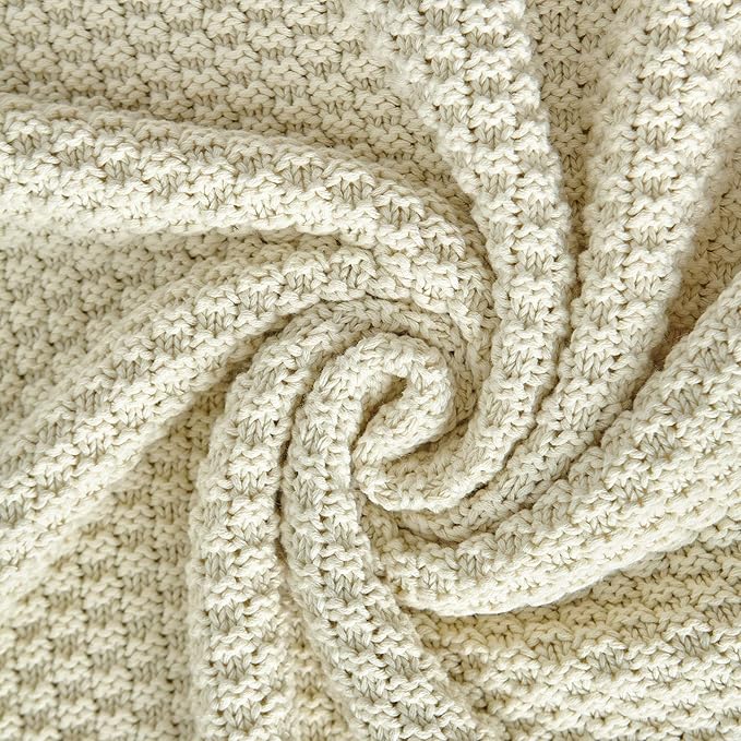 Longhui bedding Cream Knitted Cotton Throw Blanket for Couch, Soft, Cozy Machine Washable 100% Cotton Sofa Cable Knit Blankets, Heavy 4.0lb Weight, 60 x 80 Inches, Beige Color