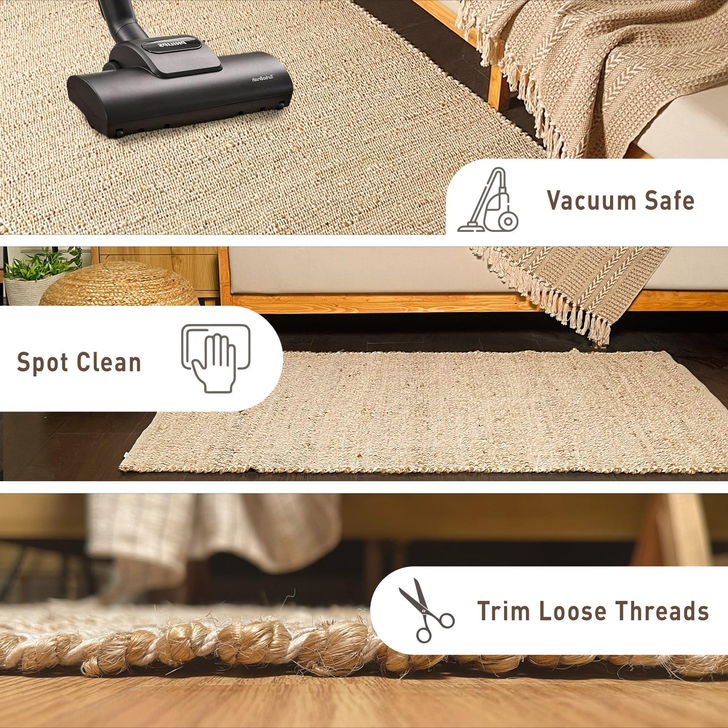 Chardin home 8x10 Jute Cotton Hand Woven Area Rug, Natural Jute Braided Boho Farmhouse Rug, Rustic Vintage Reversible Natural Fiber Rug for Living Room, Bedroom, Dining Room, Office, or Entryway.