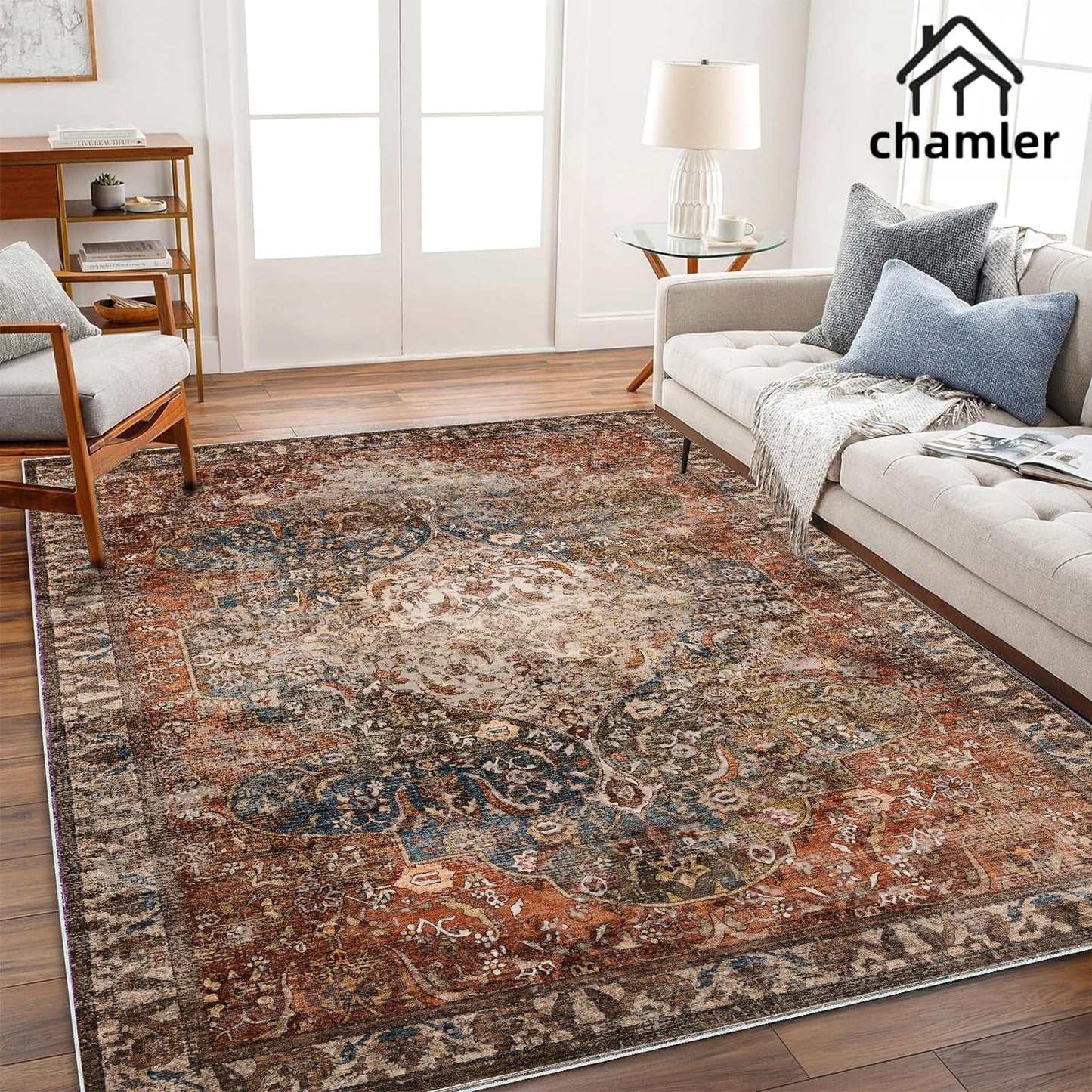 chamler 9x12 Washable Area Rug Boho Chic Medallion Distressed Design Non-Shedding Easy Care Ideal for High Traffic Areas in Rug for Living Room Bedroom Office Coffee Table Large Carpet