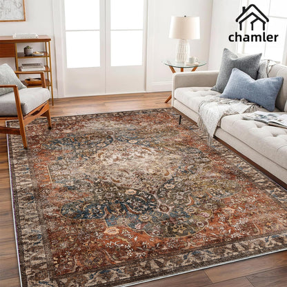 chamler 9x12 Washable Area Rug Boho Chic Medallion Distressed Design Non-Shedding Easy Care Ideal for High Traffic Areas in Rug for Living Room Bedroom Office Coffee Table Large Carpet