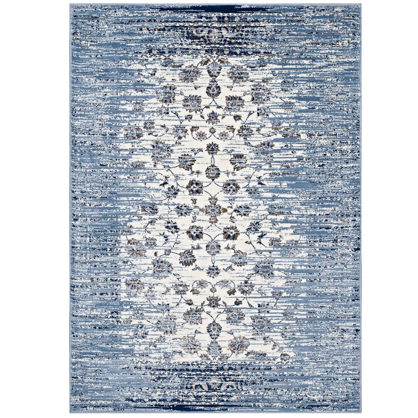 Modway Chiara Distressed Floral Lattice Contemporary 8x10 Area Rug in Moroccan Blue and Ivory