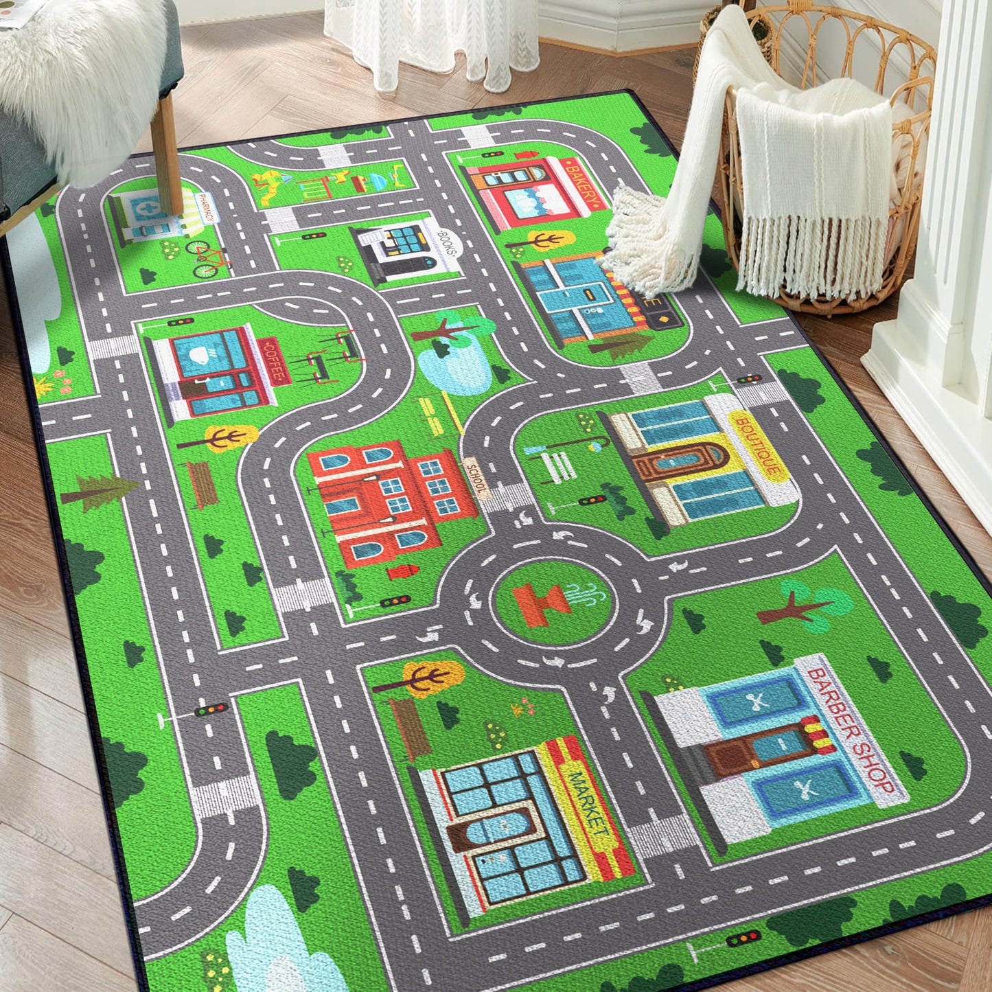 Isyorefam Play Mat for Playroom, 3x4 Fun Car Play Rug Town City Road Map Carpet for Kids Bedroom, Car Playmat Area Rugs Non-Slip Washable