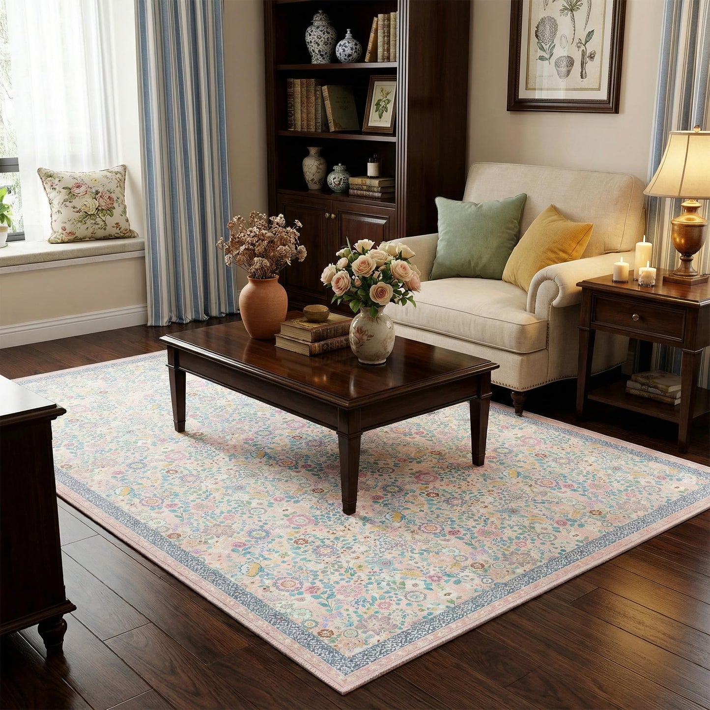 Clemile Floral Area Rug 5x7 - Washable Ultra-Thin Living Room Rug Non-Slip Carpets - Soft & Stain Resistant Rug for Kitchen Bedroom Dining Room Indoor Colorful Pink
