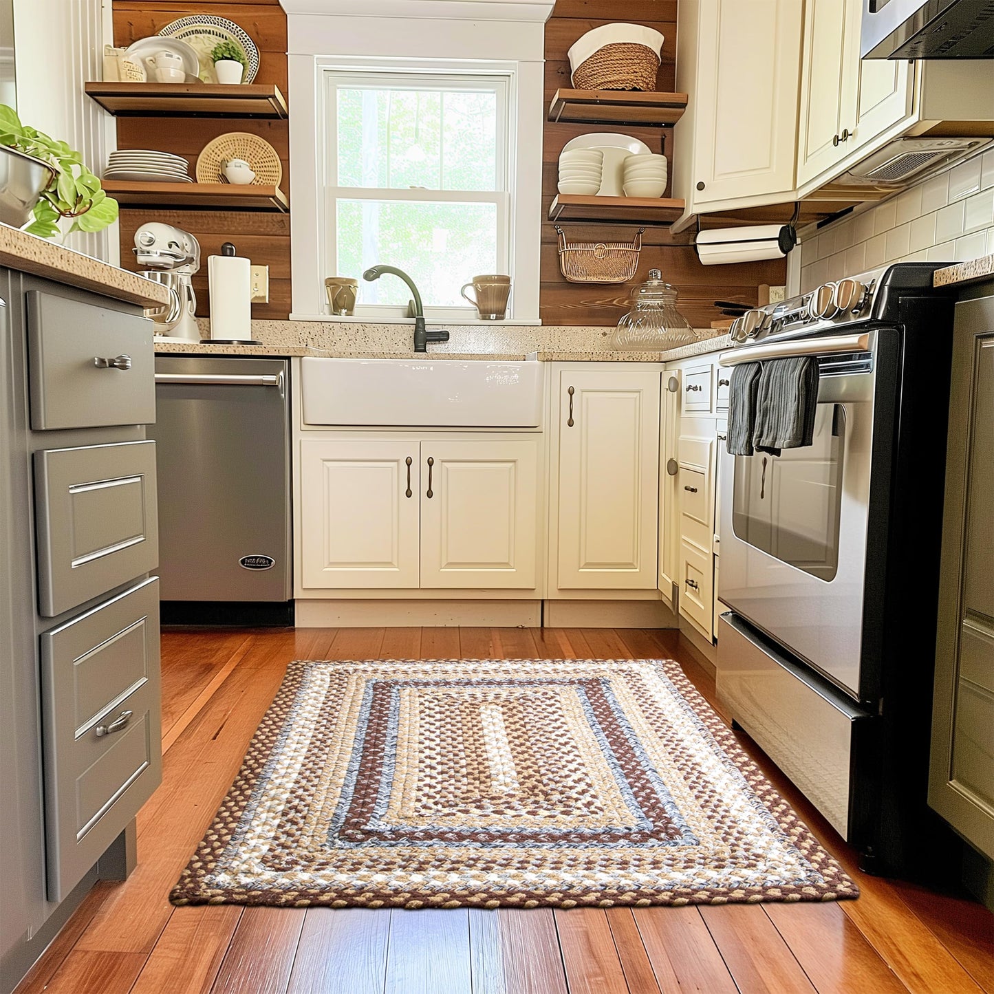 Super Area Rugs 20x30 Farmhouse Braided Rug - Natural Soft Cotton Carpet for Bathroom, Kitchen, Doorway - Primitive Country Woven Rug - Brown/Slate Gray/Ivory
