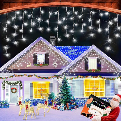 XURISEN 132ft Christmas Lights Decorations Outdoor, 1280 LED 8 Modes Fairy Lights with 240 Drops,Plug in Waterproof Timer Memory Function for Christmas Holiday Wedding Party Decorations(Cool White)