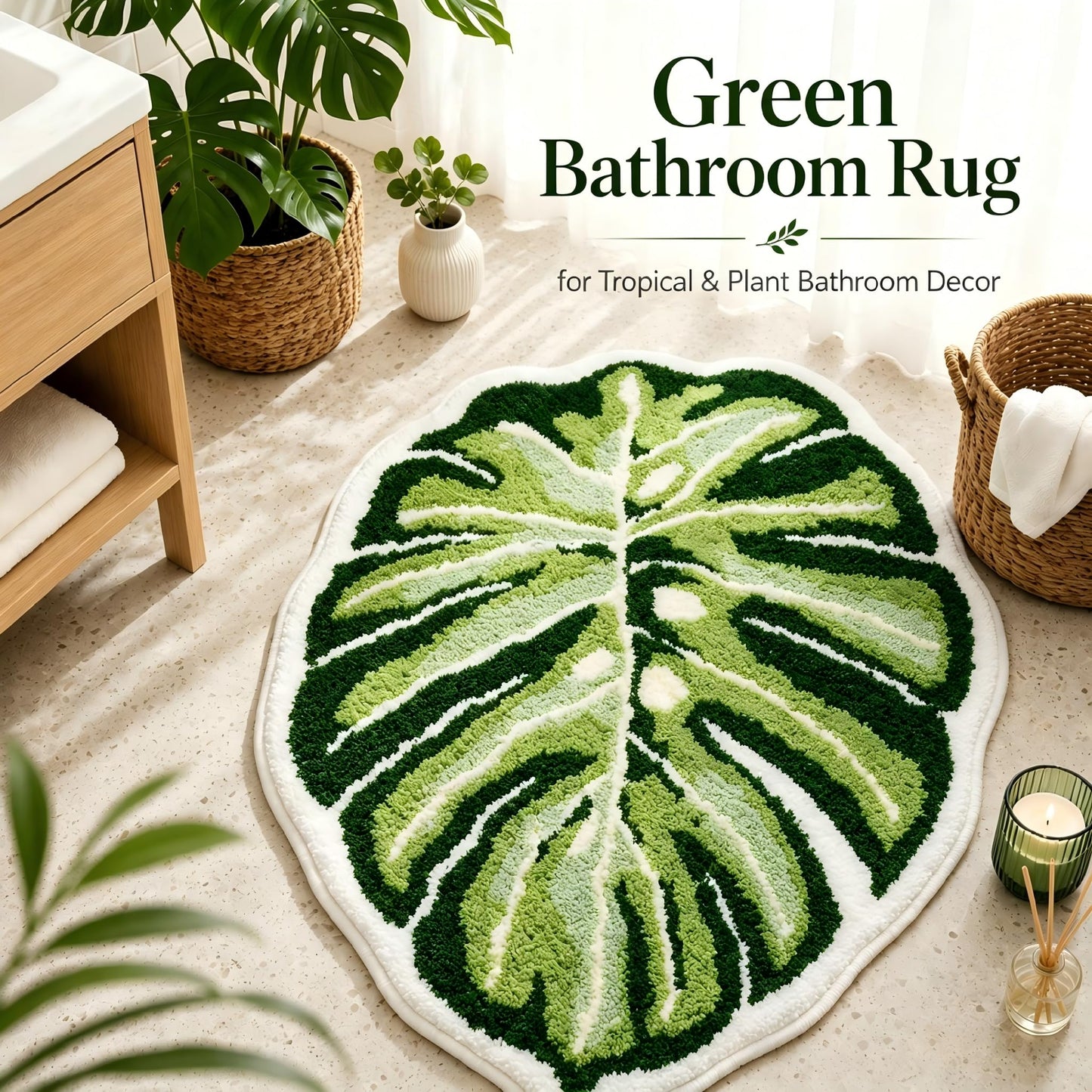 Softania Monstera Bath Mat, Green Leaf Bathroom Rug, Soft Non Slip Washable Plant Bath Mat for Tropical Green Boho Bathroom Decor (21" x 26")