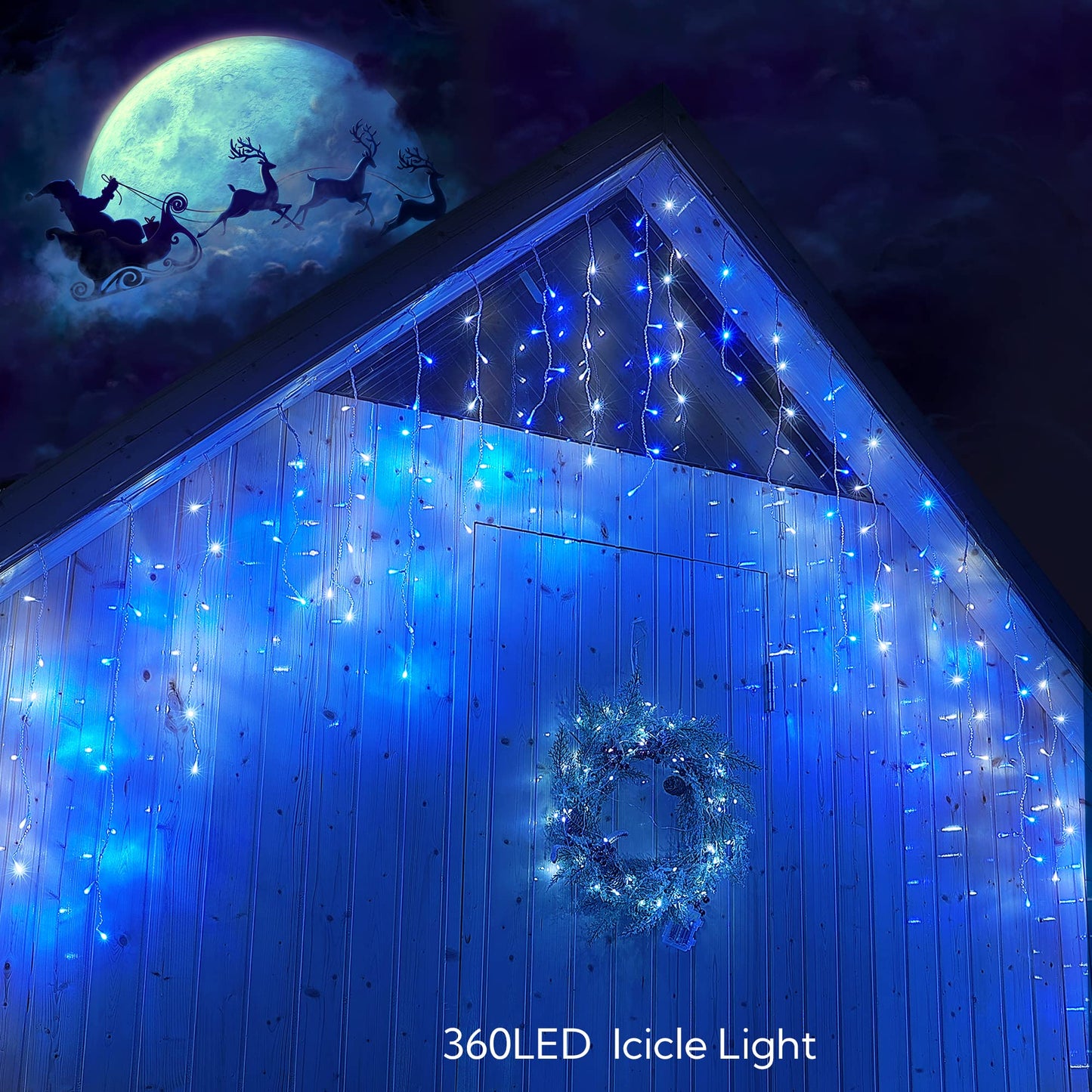 Hopolon 33FT 360L LED Christmas Icicle Lights Outdoor Waterproof,8 Modes Plug in Curtain String Lights with 60 Drops for Wedding,Party, Bedroom, Home, Garden, Wall Decorations(Blue White)